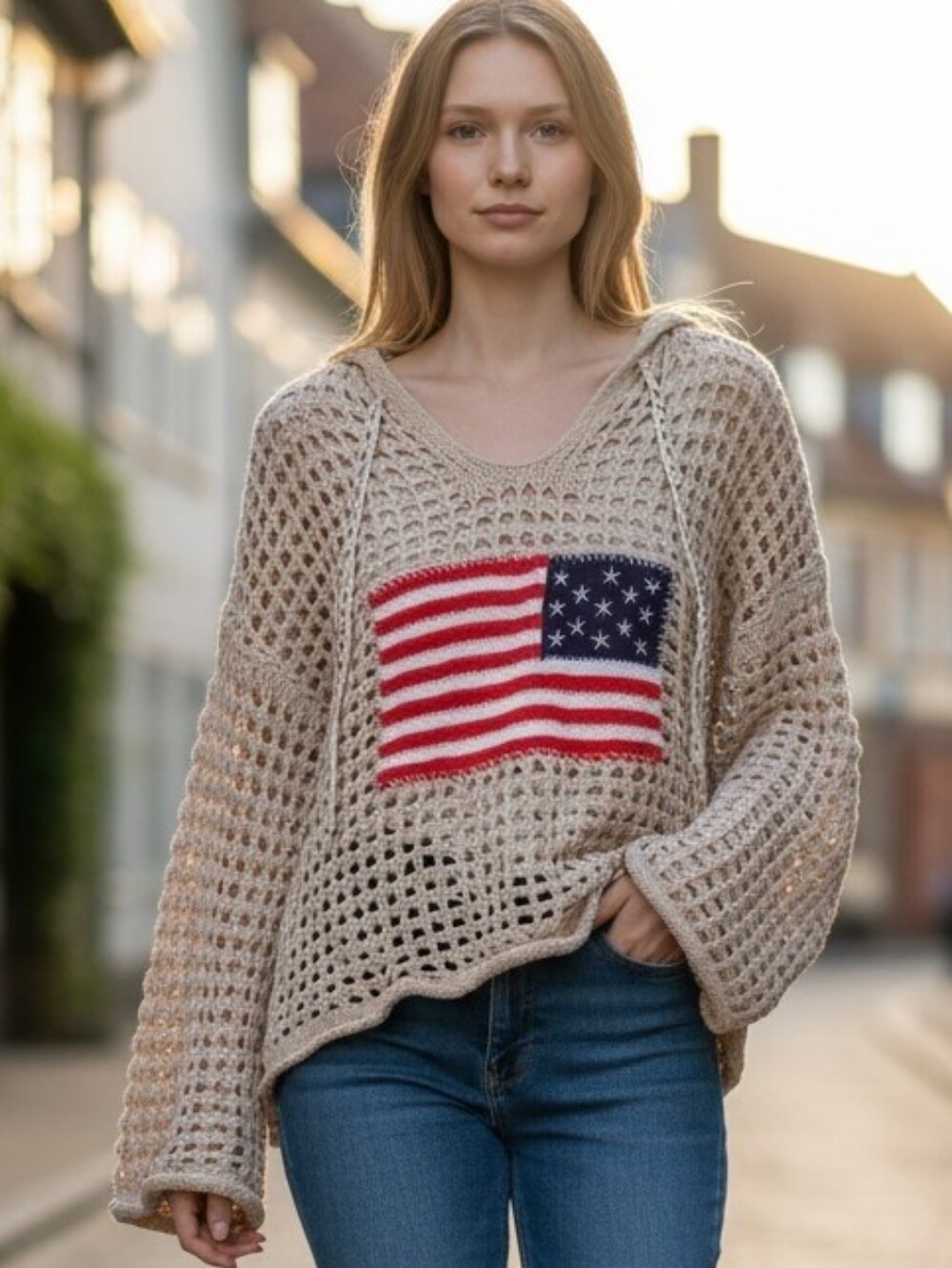 POL AMERICAN FLAG Open-Weave Knit Sweater in Cream